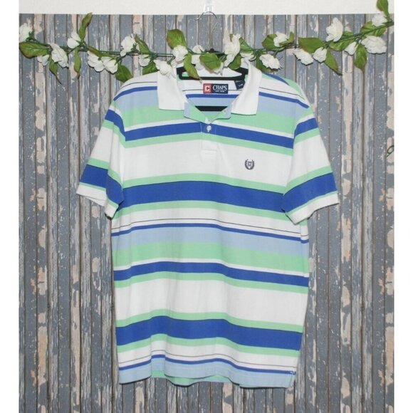Chaps Mens Short Sleeve Polo Shirt Size L White Blue & Green Striped Preppy Golf - Picture 1 of 7